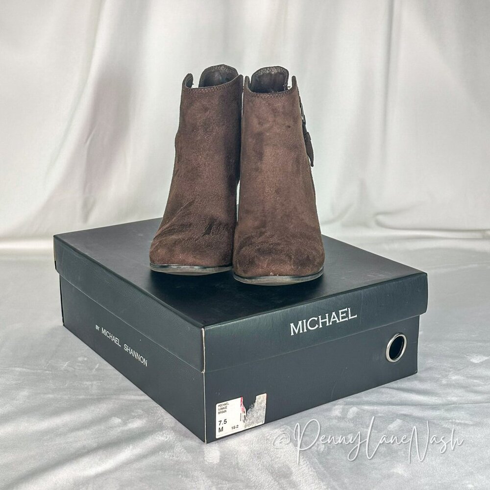 Michael Shannon Suede Ginnie Ankle Booties Size 7.5 Dark Brown - Picture 2 of 11